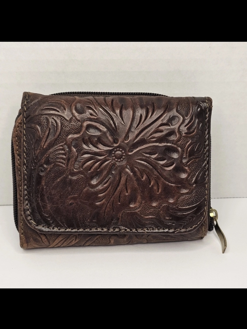 Vintage Tooled Leather Wallet Brown Floral Embossed Bifold Snap Zip Coin Western